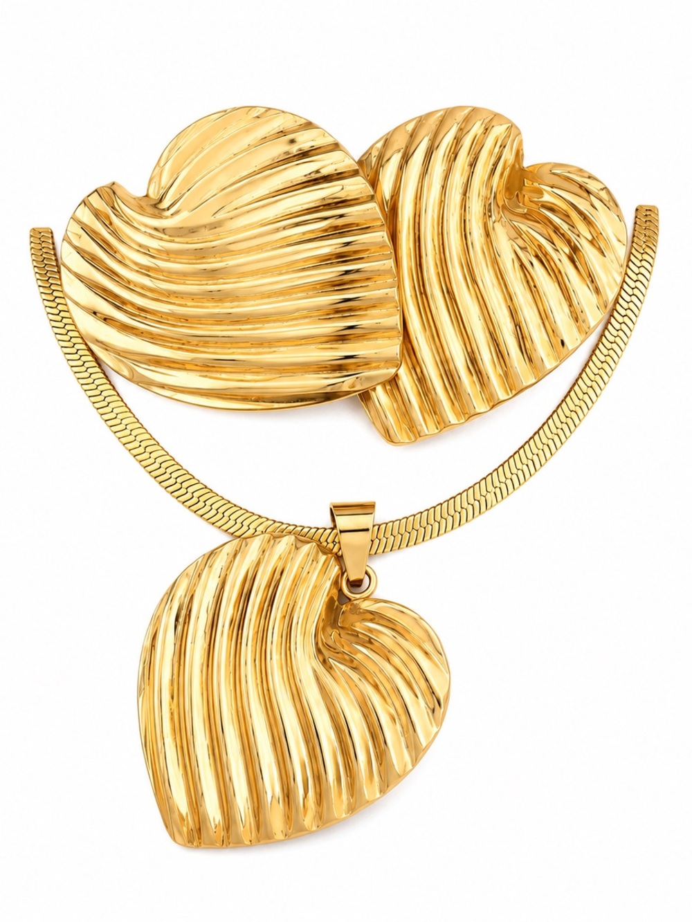 Gold Heart Ribbed Pendant Necklace - Shiny Gold Tone